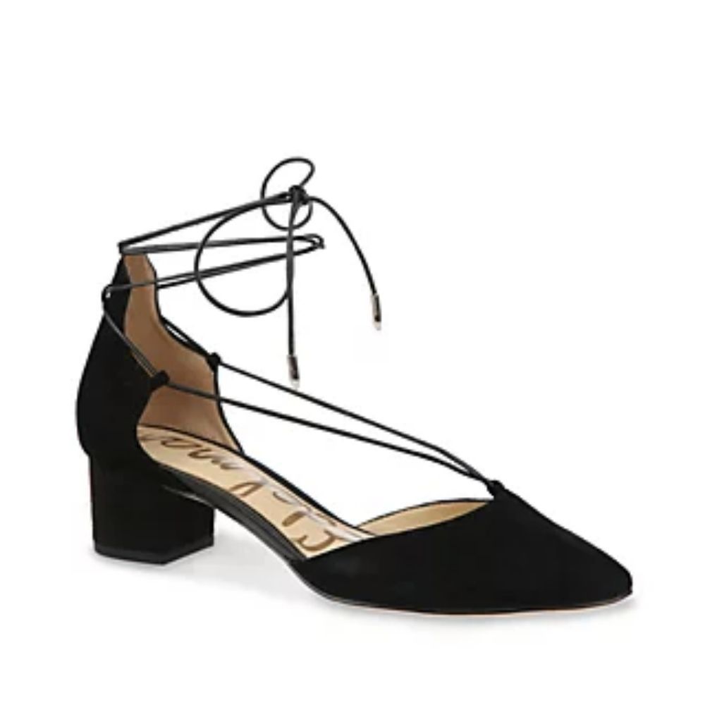Sam eldelman Lorette black suede block heel ankle lace up covered toe shoes 9